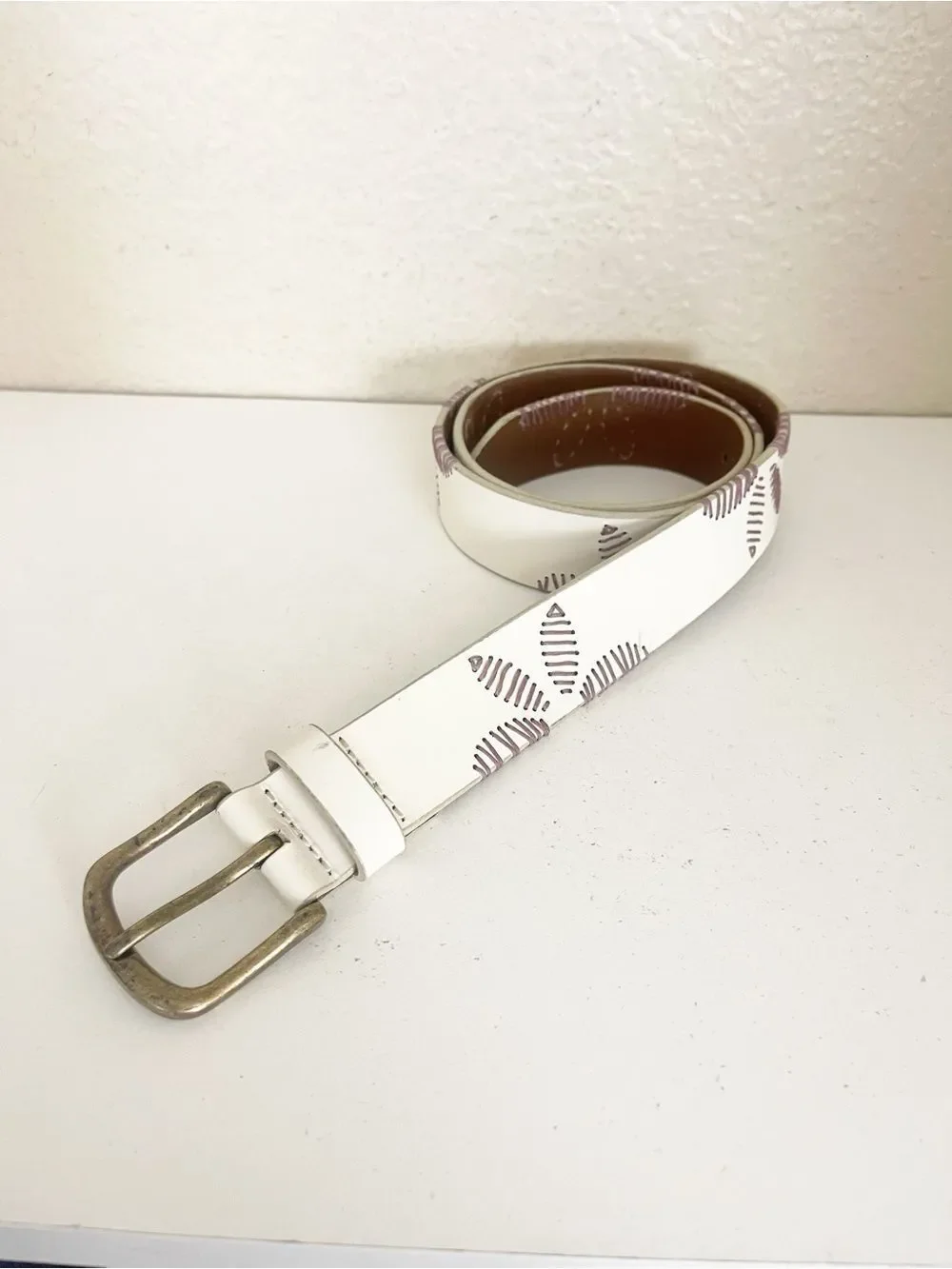 Free People Swift Haze floral Embroidered Belt white leather purple stitching